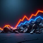 График Bitcoin и символика ликвидации позиций на темном фоне