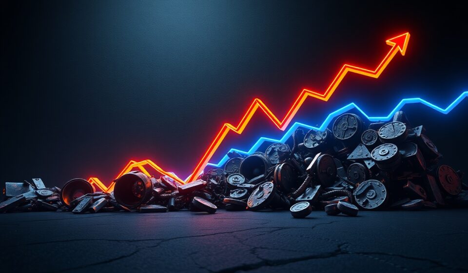График Bitcoin и символика ликвидации позиций на темном фоне