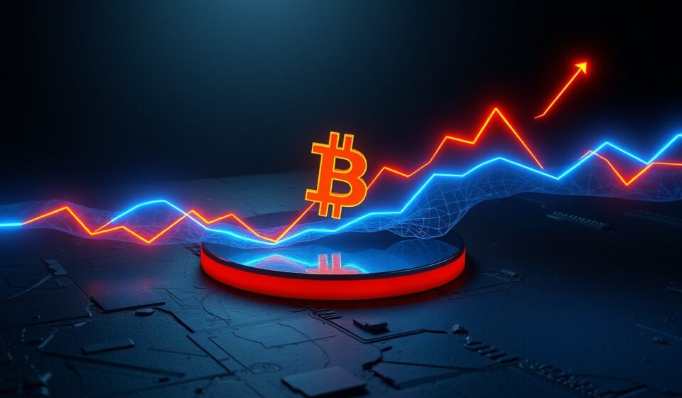 График биткоина и индексные линии на темно-графитовом фоне